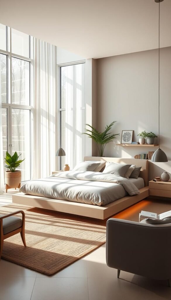A stunning contemporary bedroom, flooded with natural light streaming through large windows. The focal point is a sleek, low-profile platform bed adorned with plush, minimalist bedding in soothing neutral tones. Flanking the bed are modern, floating nightstands with subtle ambient lighting. In the corner, a cozy reading nook features a stylish armchair and a plant-filled shelf. The walls are painted in a soft, muted color palette, complemented by textural elements like a woven area rug and sheer curtains. The overall atmosphere is one of serene sophistication, reflecting the refined 2025 bedroom design trends.