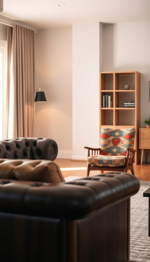 A stylish living room showcasing the major furniture style categories. In the foreground, a classic Chesterfield sofa with tufted leather upholstery and a mahogany frame. In the middle ground, a mid-century modern armchair with sleek, tapered legs and a vibrant, geometric fabric. In the background, a minimalist, Scandinavian-inspired bookcase with clean lines and a natural wood finish. Soft, warm lighting casts a cozy glow, highlighting the unique textures and silhouettes of each furniture piece. The overall scene exudes a harmonious blend of timeless elegance and contemporary sophistication.