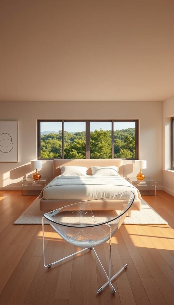A sun-drenched modern bedroom retreat, featuring a plush acrylic bed frame set against a minimalist backdrop. The room is bathed in warm, soft lighting that creates a serene, inviting atmosphere. Sleek acrylic nightstands flank the bed, their transparent surfaces reflecting the natural light. In the foreground, a shimmering acrylic chair offers a comfortable spot to relax and unwind. The walls are adorned with simple, geometric artwork that complements the clean, contemporary design. Large windows provide a panoramic view of a lush, verdant landscape, blurring the lines between indoor and outdoor spaces. The overall aesthetic is one of sophistication, tranquility, and a seamless integration of form and function. A sun-drenched modern bedroom retreat, featuring a plush acrylic bed frame set against a minimalist backdrop. The room is bathed in warm, soft lighting that creates a serene, inviting atmosphere. Sleek acrylic nightstands flank the bed, their transparent surfaces reflecting the natural light. In the foreground, a shimmering acrylic chair offers a comfortable spot to relax and unwind. The walls are adorned with simple, geometric artwork that complements the clean, contemporary design. Large windows provide a panoramic view of a lush, verdant landscape, blurring the lines between indoor and outdoor spaces. The overall aesthetic is one of sophistication, tranquility, and a seamless integration of form and function.