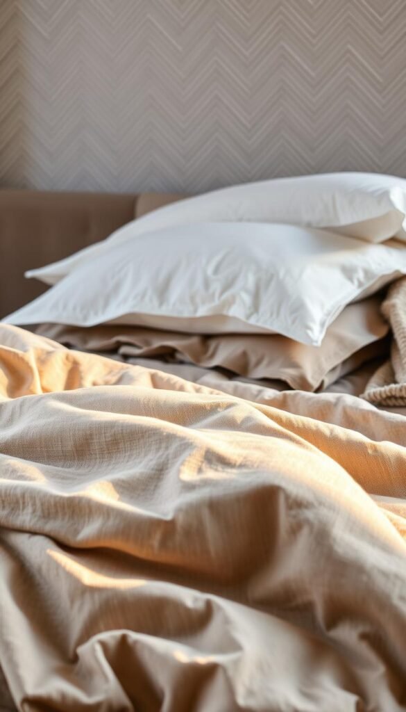 A tastefully arranged display of premium bedding layers, showcasing the rich textures and natural fibers that embody Polish design sensibility. In the foreground, a soft linen duvet cover in an earthy neutral tone, its delicate weave catching the warm, directional lighting. Layers of plush organic cotton sheets and a lightweight wool blanket in a muted palette create depth and visual interest. The background features a subtle herringbone pattern on the wall, adding a touch of elegant sophistication. The overall composition exudes a sense of cozy, refined comfort, inviting the viewer to experience the pinnacle of Polish bedroom style.