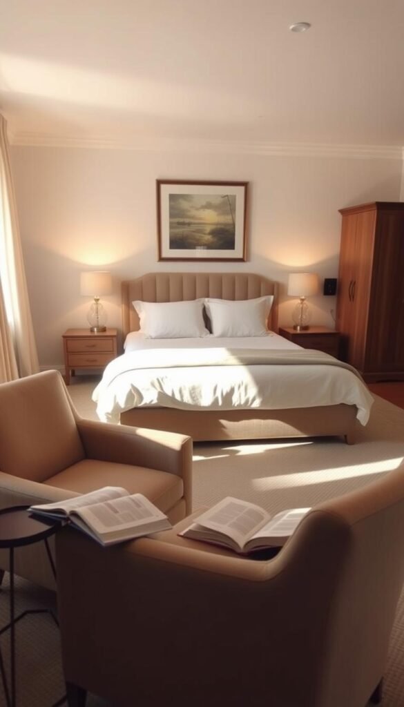 A tastefully curated bedroom showcasing strategic furniture placement for optimal balance and flow. In the foreground, a cozy reading nook with a plush armchair and side table, bathed in warm, directional lighting. The midground features a well-proportioned bed with crisp linens, flanked by minimalist nightstands. In the background, a harmonious arrangement of a dresser and wardrobe, their placements creating a sense of symmetry and visual harmony. Soft, diffused lighting gently illuminates the scene, evoking a serene, inviting atmosphere. The overall layout emphasizes functionality, aesthetics, and a balanced, thoughtful use of the available space. A tastefully curated bedroom showcasing strategic furniture placement for optimal balance and flow. In the foreground, a cozy reading nook with a plush armchair and side table, bathed in warm, directional lighting. The midground features a well-proportioned bed with crisp linens, flanked by minimalist nightstands. In the background, a harmonious arrangement of a dresser and wardrobe, their placements creating a sense of symmetry and visual harmony. Soft, diffused lighting gently illuminates the scene, evoking a serene, inviting atmosphere. The overall layout emphasizes functionality, aesthetics, and a balanced, thoughtful use of the available space.