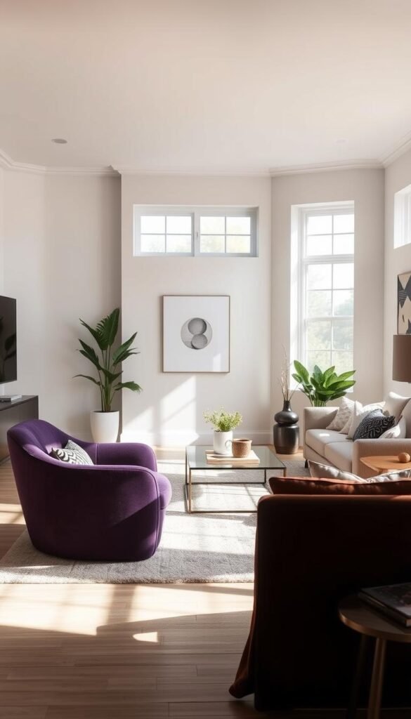 A tastefully furnished living room with a stunning, statement-making accent piece that transforms the space. In the foreground, a bold, sculptural armchair in a rich, jewel-toned fabric commands attention, its dramatic silhouette casting dramatic shadows. Soft, natural light filters through large windows, illuminating the room's neutral palette and creating a serene, inviting atmosphere. In the middle ground, a sleek, modern coffee table and plush area rug anchor the cozy seating arrangement. The background features minimalist wall decor and potted plants, allowing the accent chair to be the room's true focal point, elevating the overall design.