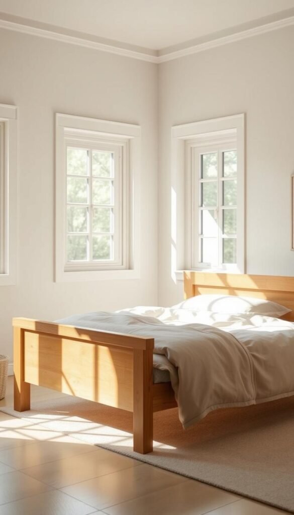 A timeless, minimalist bed frame stands in a serene, sun-dappled bedroom. The frame features clean, unadorned lines in a warm, natural wood tone, with a slightly distressed finish that conveys an heirloom quality. Soft, diffused lighting from large windows bathes the space in a gentle glow, creating a calming, cozy atmosphere. The frame's simple yet elegant design allows it to seamlessly integrate into a child's room, evolving with their changing needs and style preferences over the years. A plush, neutral bedding completes the look, inviting relaxation and a peaceful night's sleep.