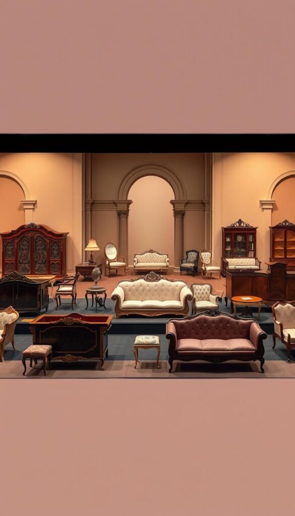 A timeline of iconic furniture styles across the ages, displayed in a museum-like diorama. In the foreground, a series of masterfully crafted furniture pieces, each representing a distinct era - from the ornate grandeur of Baroque and Rococo, to the clean lines of Modernism. The middle ground showcases a meticulously detailed architectural backdrop, with arched doorways and elegant columns. The background features a warm, subtly-lit gallery setting, creating a sense of timelessness and reverence. The overall composition conveys the evolution of design, inviting the viewer to embark on a captivating journey through the history of furniture.