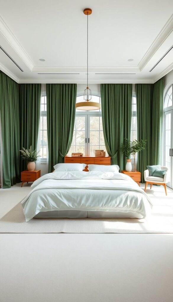 A tranquil and soothing hunter green and crisp white bedroom. A spacious room with a large, plush king-size bed in the center, adorned with soft, inviting bedding in crisp white. Elegant hunter green curtains frame large windows, allowing natural light to gently filter in. A mid-century modern dresser and nightstands in a warm, natural wood tone provide contrast. Subtle accent pieces, such as a potted plant and a cozy armchair, complete the serene and calming atmosphere. Soft, warm lighting from a minimalist pendant fixture casts a gentle glow, creating a relaxing ambiance. The overall design exudes a sense of balance, comfort, and harmony.