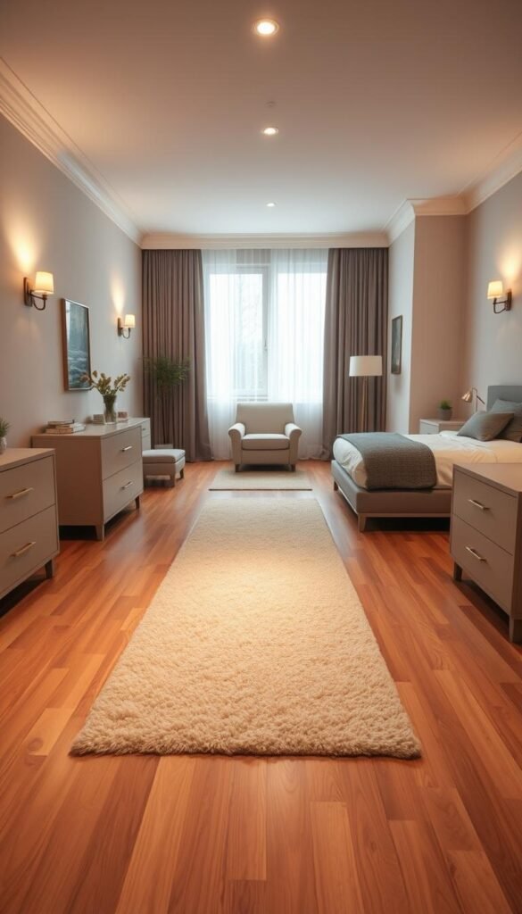 A warm, inviting bedroom with a clear, comfortable pathway through the center. The floor is a polished hardwood, with a plush, neutral-toned area rug guiding the way. Ambient lighting from wall sconces and a large window floods the space, creating a cozy, relaxing atmosphere. Elegant, minimalist furniture pieces line the walls, leaving ample room for easy navigation. The path leads to a cozy sitting area, where a cozy armchair and small side table invite relaxation. Soft, neutral tones and natural textures throughout create a calming, harmonious scene, perfect for a restful bedroom layout. A warm, inviting bedroom with a clear, comfortable pathway through the center. The floor is a polished hardwood, with a plush, neutral-toned area rug guiding the way. Ambient lighting from wall sconces and a large window floods the space, creating a cozy, relaxing atmosphere. Elegant, minimalist furniture pieces line the walls, leaving ample room for easy navigation. The path leads to a cozy sitting area, where a cozy armchair and small side table invite relaxation. Soft, neutral tones and natural textures throughout create a calming, harmonious scene, perfect for a restful bedroom layout.