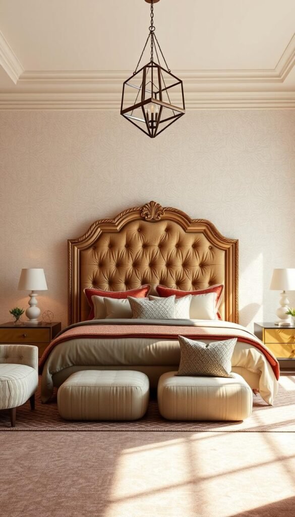 A warm, inviting patterned bedroom design with a focal point of a large, ornate headboard against a textured, off-white wall. Plush bedding in complementary tones creates a cozy, layered look. Placed strategically around the room are accent pieces like a patterned area rug, throw pillows, and a hanging light fixture with a unique geometric design. The overall atmosphere is one of refined elegance, with the patterns adding depth and visual interest to prevent a sterile, clinical feel. Soft, natural lighting filters in from a large window, casting a gentle glow throughout the space. A warm, inviting patterned bedroom design with a focal point of a large, ornate headboard against a textured, off-white wall. Plush bedding in complementary tones creates a cozy, layered look. Placed strategically around the room are accent pieces like a patterned area rug, throw pillows, and a hanging light fixture with a unique geometric design. The overall atmosphere is one of refined elegance, with the patterns adding depth and visual interest to prevent a sterile, clinical feel. Soft, natural lighting filters in from a large window, casting a gentle glow throughout the space.