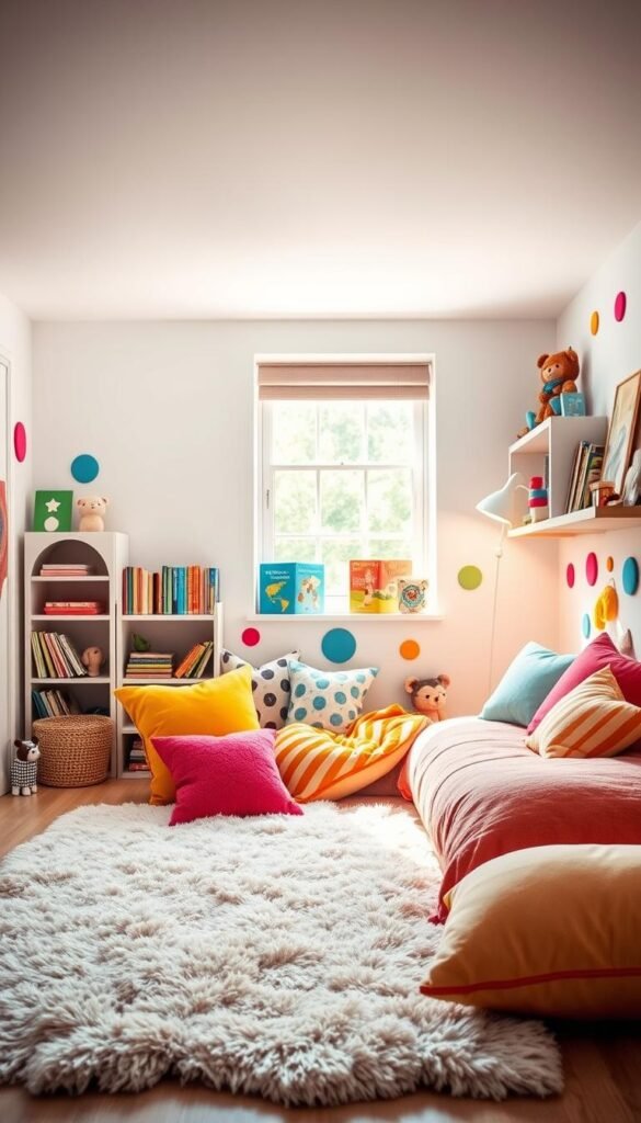 A warm, sun-lit children's bedroom with vibrant, playful accents. Soft white walls provide a clean, airy backdrop for a mix of textures and whimsical elements. In the foreground, a cozy reading nook features plush pillows and a fluffy area rug in bold, saturated hues. Playful wall decals or painted shapes add pops of color and imagination. Thoughtfully placed shelves display a collection of storybooks and toys, while a large window floods the space with natural light. The overall atmosphere evokes a sense of wonder and adventure, inviting young minds to explore and create.