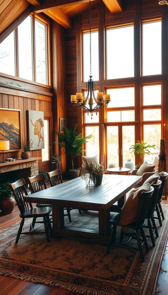 A warm, well-lit living room with a dominant wood-toned foundation. The focal point is a large, rustic wooden table, surrounded by matching chairs. The walls are adorned with wood-framed artwork, creating a cohesive, natural ambiance. Abundant natural light filters in through large windows, casting a cozy, golden glow over the space. Plush, earthy-toned textiles, such as a rug and throw pillows, complement the wood tones. Subtle greenery and potted plants add a touch of life, while carefully placed lighting fixtures illuminate the room in a soft, inviting manner. The overall scene conveys a sense of warmth, comfort, and a harmonious blend of natural materials.