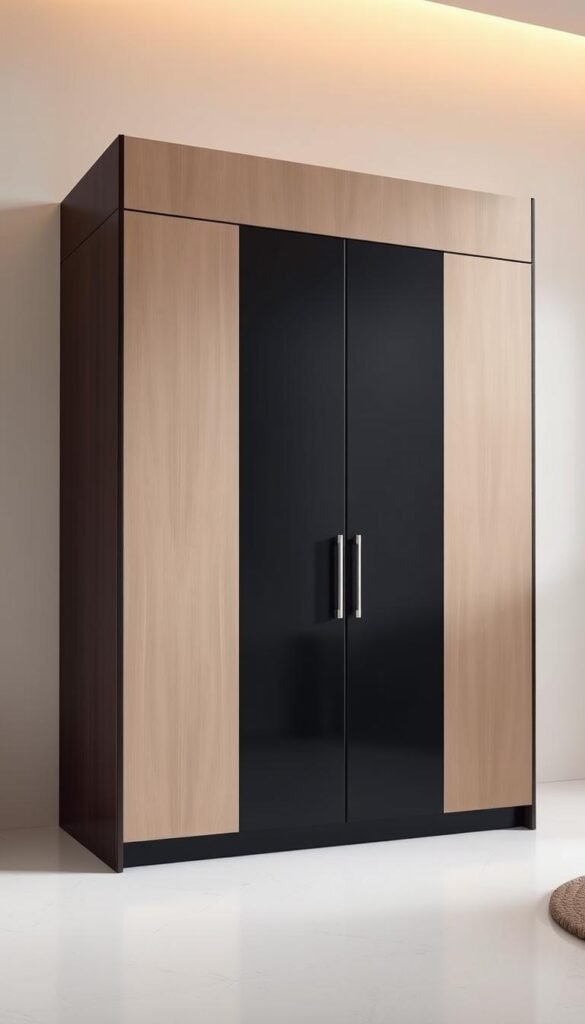 A well-designed dual-tone wardrobe with a sleek, modern aesthetic. The front panels feature a striking contrast of dark and light tones, creating a visually captivating effect. The wardrobe is set against a minimalist backdrop, with clean lines and a neutral color palette to allow the design to take center stage. Soft, diffused lighting casts a warm glow, highlighting the sharp edges and smooth surfaces. The wardrobe is photographed at a slightly elevated angle, giving the viewer a sense of grandeur and emphasizing its architectural qualities. The overall mood is one of refined elegance and understated sophistication, perfectly suited to showcase the wardrobe's design.
