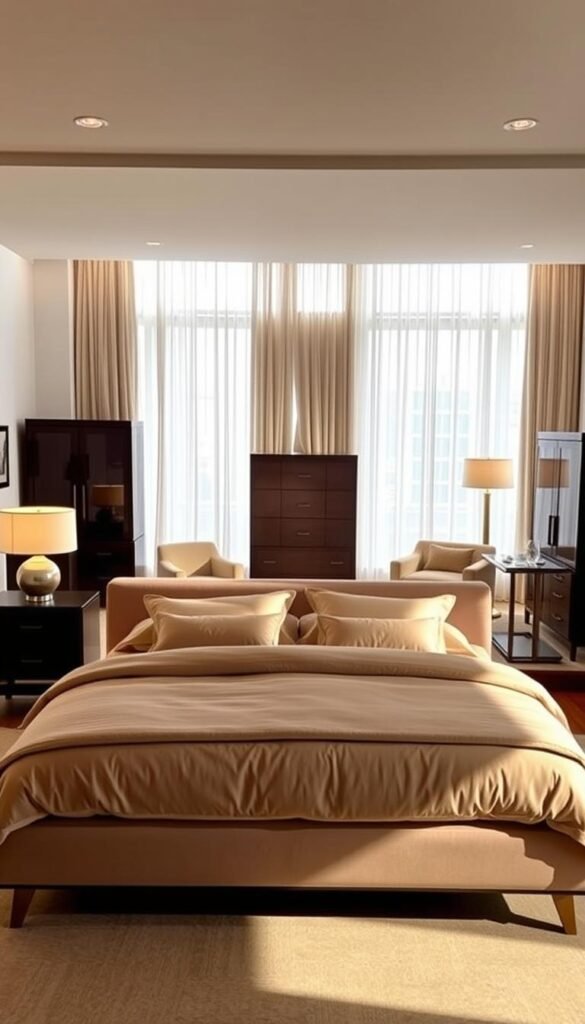 A well-lit and cozy bedroom set, showcasing a variety of stylish furniture pieces. In the foreground, a plush king-sized bed with luxurious bedding and an elegant upholstered headboard. Flanking the bed, two minimalist nightstands with sleek lamps casting a warm glow. In the middle ground, a tall dresser with clean lines and subtle hardware, accompanied by a comfortable armchair and a small side table. The background features a large window with sheer curtains, allowing natural light to flood the space and create a serene, inviting atmosphere. The overall scene exudes a balance of modern and traditional elements, inspiring ideas for a harmonious and personalized bedroom interior.
