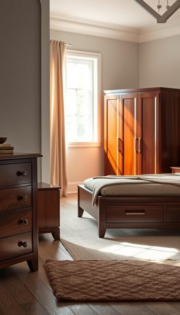 A well-lit bedroom interior showcases an assortment of wooden furniture. In the foreground, a sturdy oak dresser and a sleek walnut nightstand stand elegantly. In the middle ground, a plush upholstered bed frame in a rich mahogany hue commands attention. The background features a wardrobe with a glossy, lacquered finish, complementing the overall cohesive aesthetic. Soft natural lighting streams in through a window, casting a warm, inviting glow across the space. The overall scene conveys a sense of refined sophistication and personal style, providing inspiration for curating the perfect bedroom furniture finishes. A well-lit bedroom interior showcases an assortment of wooden furniture. In the foreground, a sturdy oak dresser and a sleek walnut nightstand stand elegantly. In the middle ground, a plush upholstered bed frame in a rich mahogany hue commands attention. The background features a wardrobe with a glossy, lacquered finish, complementing the overall cohesive aesthetic. Soft natural lighting streams in through a window, casting a warm, inviting glow across the space. The overall scene conveys a sense of refined sophistication and personal style, providing inspiration for curating the perfect bedroom furniture finishes.