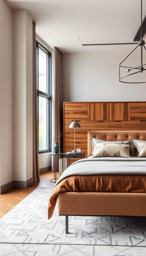 A well-lit bedroom showcasing a harmonious blend of materials. In the foreground, a plush upholstered headboard in a rich, velvet texture contrasts with the warm, natural grain of a wooden dresser. Intricate metal accents, such as a sleek pendant light and a polished side table, add a touch of industrial chic. The middle ground features a cozy area rug with a subtle geometric pattern, complementing the soft textiles and hard surfaces. In the background, a large window allows natural light to filter in, creating a serene and inviting atmosphere. The overall composition captures a visually captivating and layered bedroom design, seamlessly integrating diverse materials for a cohesive and stylish aesthetic. A well-lit bedroom showcasing a harmonious blend of materials. In the foreground, a plush upholstered headboard in a rich, velvet texture contrasts with the warm, natural grain of a wooden dresser. Intricate metal accents, such as a sleek pendant light and a polished side table, add a touch of industrial chic. The middle ground features a cozy area rug with a subtle geometric pattern, complementing the soft textiles and hard surfaces. In the background, a large window allows natural light to filter in, creating a serene and inviting atmosphere. The overall composition captures a visually captivating and layered bedroom design, seamlessly integrating diverse materials for a cohesive and stylish aesthetic.