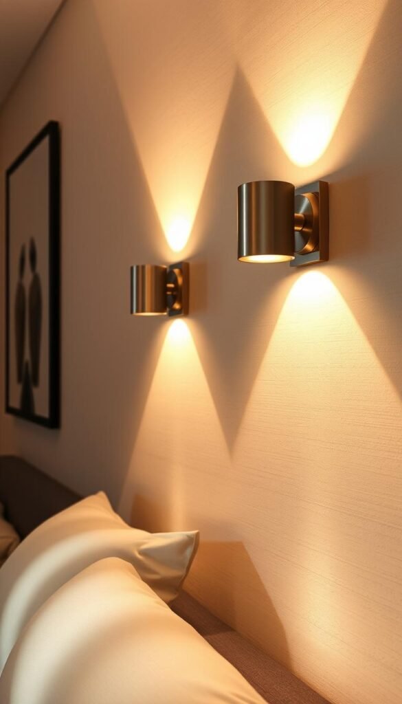 A well-lit bedroom with a chic and functional wall sconce lighting display. A pair of minimalist brushed metal sconces mounted on the wall, casting a warm, ambient glow. The sconces feature clean lines and geometric shapes, complementing the modern decor. In the background, a textured wall in a soft, neutral tone provides a sophisticated backdrop. Shadows from the sconces create intriguing patterns on the wall, adding depth and visual interest. The lighting creates a cozy, inviting atmosphere, perfect for setting the mood in a relaxing bedroom sanctuary. A well-lit bedroom with a chic and functional wall sconce lighting display. A pair of minimalist brushed metal sconces mounted on the wall, casting a warm, ambient glow. The sconces feature clean lines and geometric shapes, complementing the modern decor. In the background, a textured wall in a soft, neutral tone provides a sophisticated backdrop. Shadows from the sconces create intriguing patterns on the wall, adding depth and visual interest. The lighting creates a cozy, inviting atmosphere, perfect for setting the mood in a relaxing bedroom sanctuary.