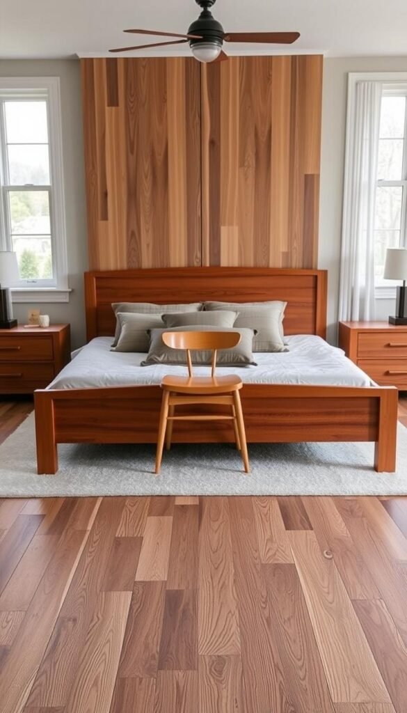 A well-lit bedroom with a focus on various wood tones for furniture. In the foreground, a wooden bed frame in a rich, warm mahogany hue stands prominently. On either side, matching nightstands in a slightly lighter oak tone provide balance. In the middle ground, a dresser in a cool, gray-toned wood anchors the space, complemented by a wooden chair in a contrasting honey-colored finish. The background features a large window, allowing natural light to pour in and highlight the textural variations of the wood. The overall scene conveys a sense of sophisticated, harmonious design, guiding the viewer's attention to the nuanced wood tones that could be chosen for a bedroom's focal furniture pieces. A well-lit bedroom with a focus on various wood tones for furniture. In the foreground, a wooden bed frame in a rich, warm mahogany hue stands prominently. On either side, matching nightstands in a slightly lighter oak tone provide balance. In the middle ground, a dresser in a cool, gray-toned wood anchors the space, complemented by a wooden chair in a contrasting honey-colored finish. The background features a large window, allowing natural light to pour in and highlight the textural variations of the wood. The overall scene conveys a sense of sophisticated, harmonious design, guiding the viewer's attention to the nuanced wood tones that could be chosen for a bedroom's focal furniture pieces.