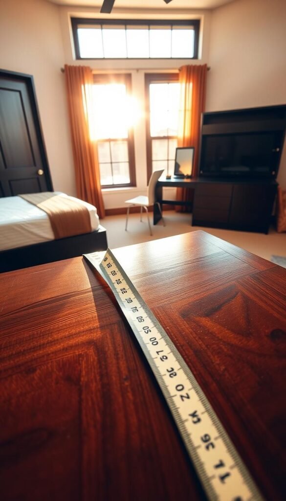 A well-lit bedroom with warm, natural lighting streaming through large windows. In the foreground, a tape measure is carefully extended across a dark wood dresser, its rich grain and polished finish reflecting the sunlight. In the middle ground, a sleek, modern nightstand is positioned alongside the bed, its clean lines and dark color palette complementing the furniture. In the background, a high-quality desk or vanity unit sits against the wall, its drawers and shelves arranged for optimal storage and organization. The overall atmosphere is one of careful planning, attention to detail, and a harmonious blend of functionality and aesthetic appeal.
