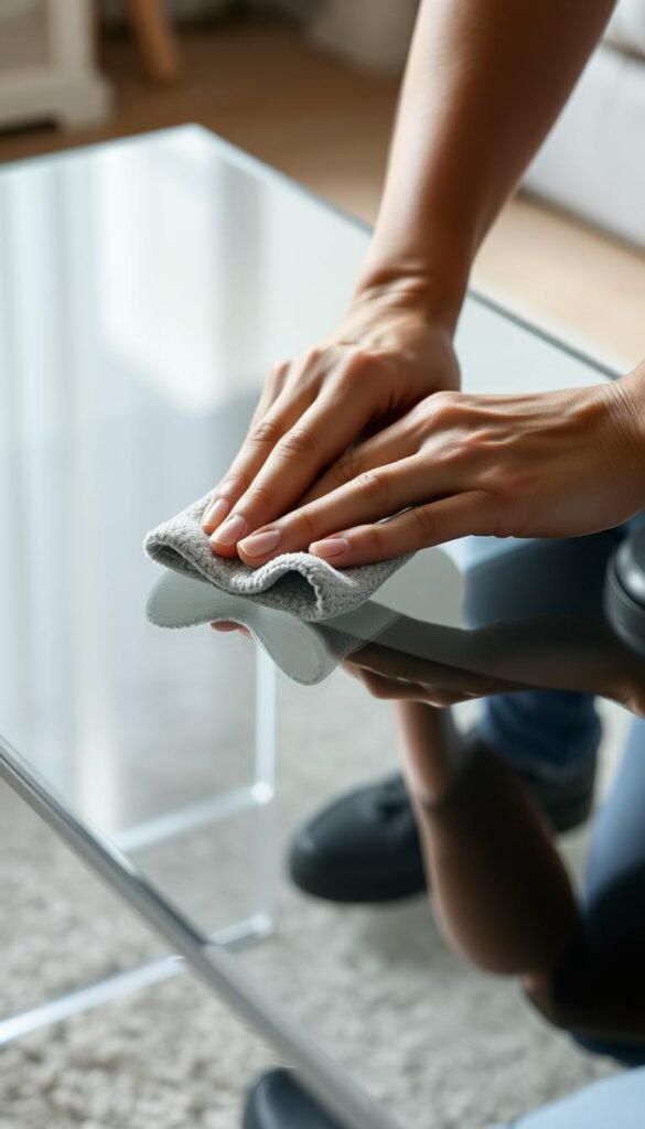 A well-lit, close-up view of a person's hands gently cleaning an acrylic coffee table. Soft, diffused lighting from above illuminates the transparent, glossy surface, highlighting its crystal-clear finish. In the middle ground, a microfiber cloth delicately wipes away dust and smudges, restoring the table's pristine appearance. The background is blurred, putting the focus on the intricate care and maintenance of the acrylic furniture piece. The scene conveys a sense of attention to detail and preserving the investment in high-quality, modern acrylic furnishings. A well-lit, close-up view of a person's hands gently cleaning an acrylic coffee table. Soft, diffused lighting from above illuminates the transparent, glossy surface, highlighting its crystal-clear finish. In the middle ground, a microfiber cloth delicately wipes away dust and smudges, restoring the table's pristine appearance. The background is blurred, putting the focus on the intricate care and maintenance of the acrylic furniture piece. The scene conveys a sense of attention to detail and preserving the investment in high-quality, modern acrylic furnishings.