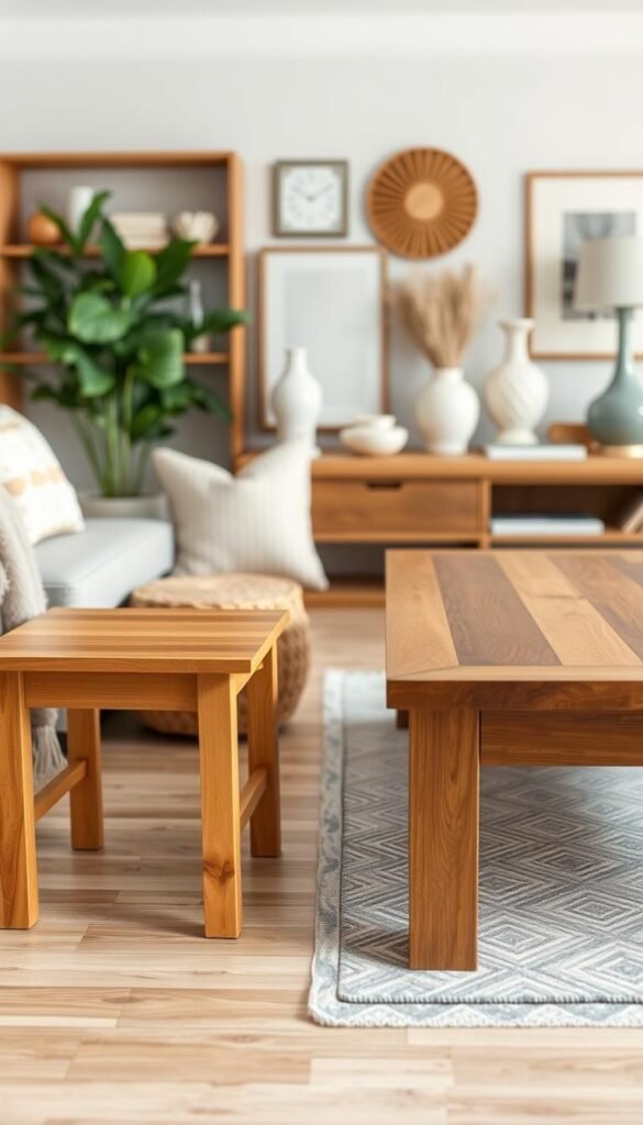 A well-lit, high-quality photograph showcasing a side-by-side comparison of two wooden furniture pieces, highlighting the contrast between warm and cool wood tones. The foreground features the two furniture items, such as a maple end table and an oak coffee table, placed at an angle to emphasize their differences. The middle ground showcases various complementary decor elements, like throw pillows, vases, and artwork, that harmonize with the wood tones. The background is a neutral, soft-focus setting, allowing the wood and decor to take center stage. The lighting is natural and diffused, creating a cozy, inviting atmosphere that accentuates the natural beauty and texture of the wood.