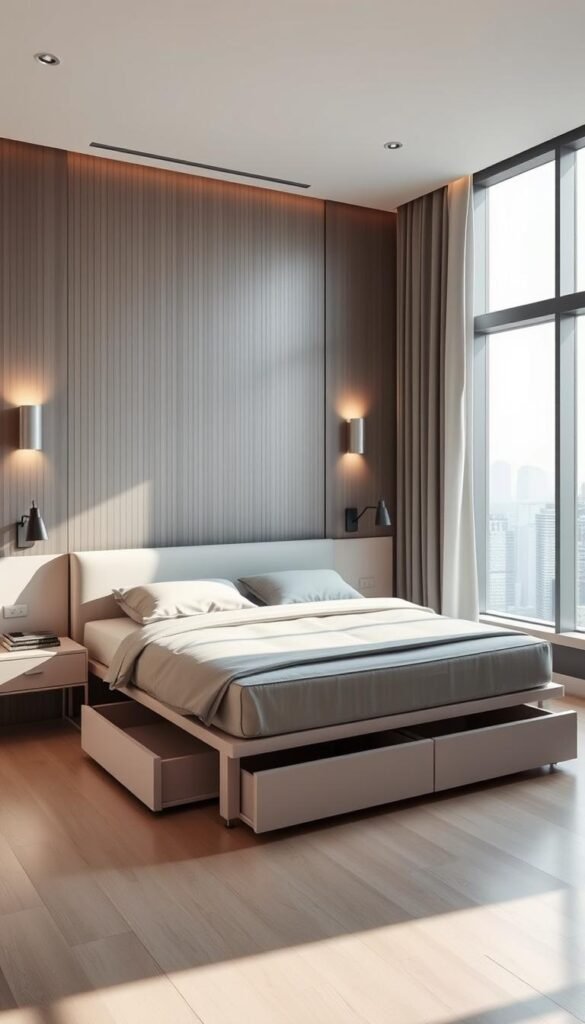 A well-lit, modern bedroom interior with a stylish space-saving bed frame taking center stage. The frame is elevated slightly off the floor, with built-in storage drawers underneath maximizing the available floor space. Sleek, minimalist design with clean lines and a neutral color palette, accentuated by soft, diffused lighting from wall sconces and a large window overlooking a serene cityscape in the background. The bed frame is the focal point, showcasing innovative design solutions to optimize limited square footage while maintaining an elegant, uncluttered aesthetic.