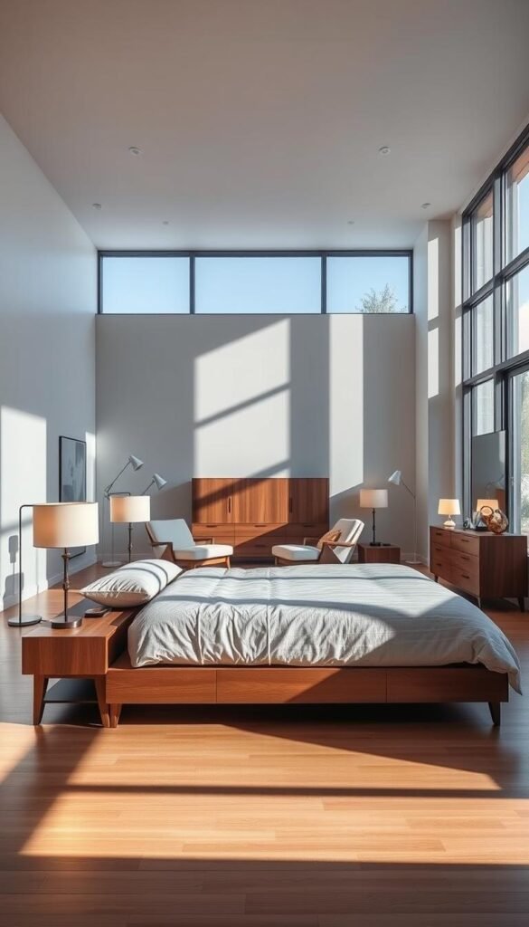 A well-lit, spacious bedroom interior with modern, minimalist furniture showcasing different scale and size options. Soft, warm lighting from floor lamps and bedside sconces illuminate the scene. A king-size bed in the foreground, flanked by a pair of nightstands in a complementary wood tone. An oversized armchair and sleek dresser in the middle ground provide visual balance. Ample natural light streams in through large windows, casting dramatic shadows and textures across the hardwood floor. The color palette is muted, with shades of gray, white, and natural wood tones, creating a serene, harmonious atmosphere.