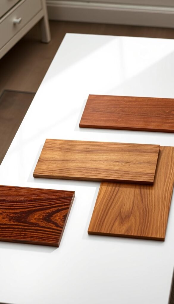 A well-lit studio scene featuring various wood furniture finish types laid out on a clean white table. The finishes include glossy lacquer, matte stain, distressed paint, natural oil, and polished veneer. The lighting is soft and diffused, highlighting the distinct textures and grains of each finish. The camera angle is slightly elevated, providing a comprehensive view of the display. The overall mood is one of sophistication and craftsmanship, showcasing the diverse range of wood finishes suitable for bedroom furniture. A well-lit studio scene featuring various wood furniture finish types laid out on a clean white table. The finishes include glossy lacquer, matte stain, distressed paint, natural oil, and polished veneer. The lighting is soft and diffused, highlighting the distinct textures and grains of each finish. The camera angle is slightly elevated, providing a comprehensive view of the display. The overall mood is one of sophistication and craftsmanship, showcasing the diverse range of wood finishes suitable for bedroom furniture.