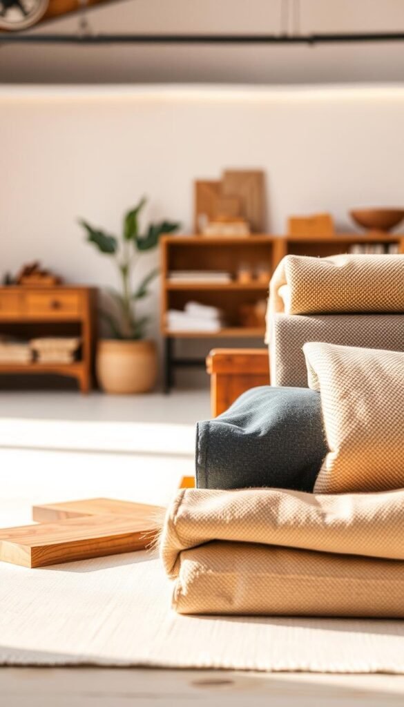 A well-lit studio setting featuring various durable furniture materials in the foreground, including solid wood, sturdy metal, and high-quality fabrics. In the middle ground, the materials are arranged in a visually pleasing composition, showcasing their textures, colors, and practical applications. The background is softly blurred, creating a focus on the materials and their inherent strength and longevity. The lighting is warm and natural, emphasizing the organic qualities of the materials. The overall mood is one of reliability, durability, and timelessness - characteristics essential for furniture designed to grow with children.