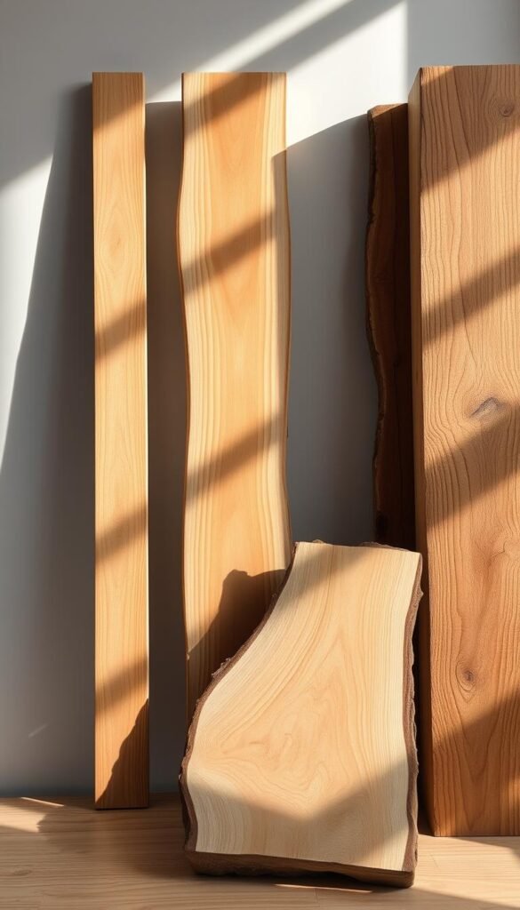 A well-lit studio setting showcasing various high-quality wood materials, including a smooth-grained oak plank, a polished maple slab, and a weathered pine beam. The lighting casts warm, natural shadows, highlighting the intricate wood grains and textures. The scene conveys a sense of craftsmanship and attention to detail, suitable for a minimalist furniture design. The camera angle is slightly elevated to provide an overview of the materials, capturing their depth and nuance. The background is a clean, neutral backdrop, allowing the wood to take center stage.