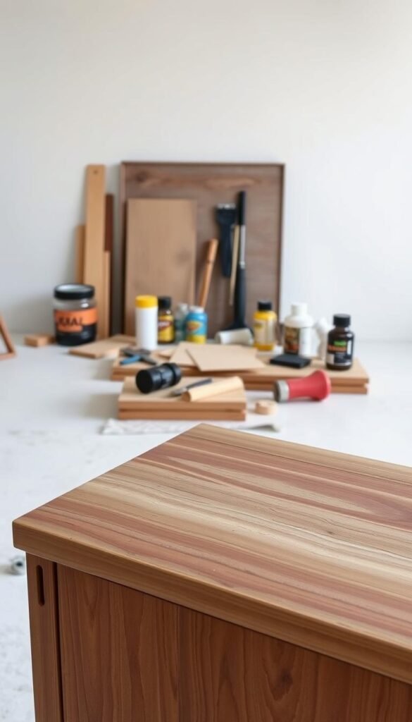 A well-lit studio setting with a sanded and stained wood furniture piece in the foreground. The furniture has a smooth, refined texture, showcasing the natural grain and color variations. In the middle ground, various wood finishing tools and supplies are neatly arranged, including sandpaper, stains, and varnishes. The background features a neutral, minimalist wall, allowing the focus to remain on the refinished furniture piece. The overall scene conveys a sense of craftsmanship, attention to detail, and the transformation of a worn piece into a modern, rejuvenated design element.