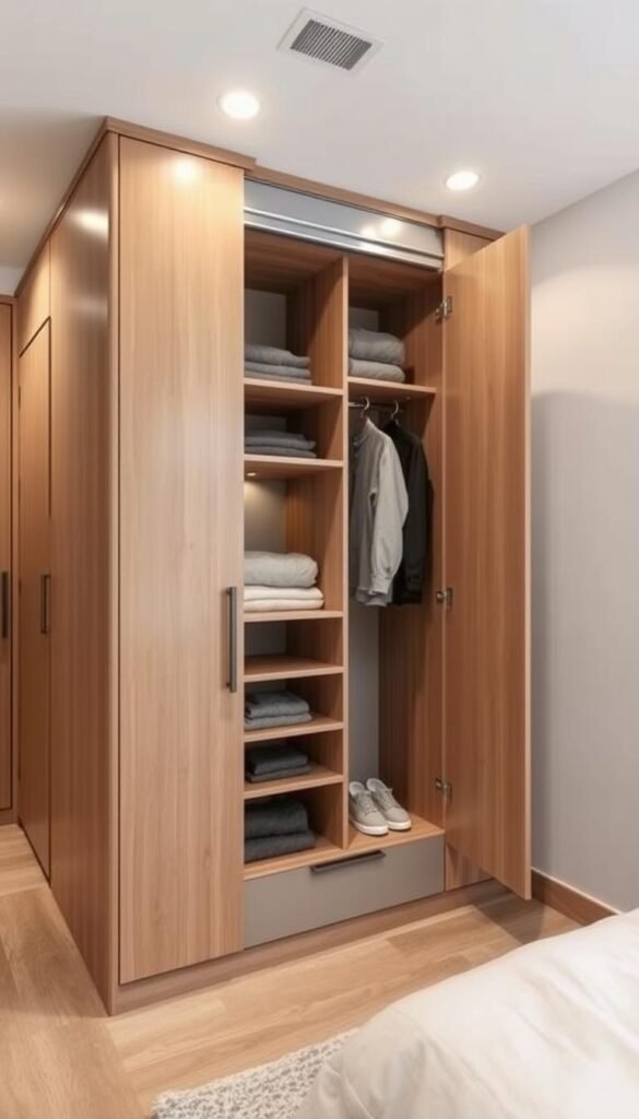 A well-organized and compact bedroom wardrobe design for a small room. The wardrobe features a clean, minimalist aesthetic with a mix of open and closed storage compartments. Warm, natural wood tones blend seamlessly with subtle grey accents, creating a cozy and inviting atmosphere. Soft, diffused lighting from recessed ceiling fixtures gently illuminates the interior, highlighting the thoughtful organization and artful arrangement of the wardrobe's contents. The wardrobe is positioned at an angle, maximizing the use of available floor space while maintaining an open and airy feel throughout the room. The overall design strikes a perfect balance between form and function, offering a practical and stylish storage solution for the small bedroom.