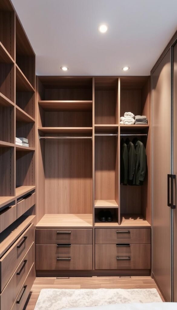 A well-organized and space-efficient wardrobe interior, showcasing various storage solutions and organizational strategies. In the foreground, a set of custom-fitted shelves and drawers maximizes vertical space, while the middle ground features a recessed hanging rod system with adjustable compartments. The background reveals a modular closet system with sliding doors, providing a seamless and streamlined aesthetic. Soft, diffused lighting from recessed ceiling fixtures enhances the sense of order and functionality. The overall composition conveys a harmonious balance of form and function, offering a visually appealing and practical storage solution for a master bedroom wardrobe. A well-organized and space-efficient wardrobe interior, showcasing various storage solutions and organizational strategies. In the foreground, a set of custom-fitted shelves and drawers maximizes vertical space, while the middle ground features a recessed hanging rod system with adjustable compartments. The background reveals a modular closet system with sliding doors, providing a seamless and streamlined aesthetic. Soft, diffused lighting from recessed ceiling fixtures enhances the sense of order and functionality. The overall composition conveys a harmonious balance of form and function, offering a visually appealing and practical storage solution for a master bedroom wardrobe.