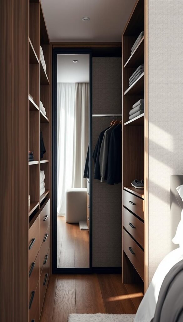 A well-organized, visually striking image showcasing smart closet storage solutions for a modern couple's bedroom. In the foreground, neatly arranged shelves and drawers in a sleek, minimalist design, optimizing vertical space. In the middle ground, a mirrored closet door reflecting the room's natural lighting, creating a sense of depth and openness. The background features a neutral-toned, textured wall, complementing the closet's contemporary aesthetic. The overall mood is one of sophistication, functionality, and efficient use of limited space, capturing the essence of the "Maximizing Storage with Smart Closet Solutions" section.