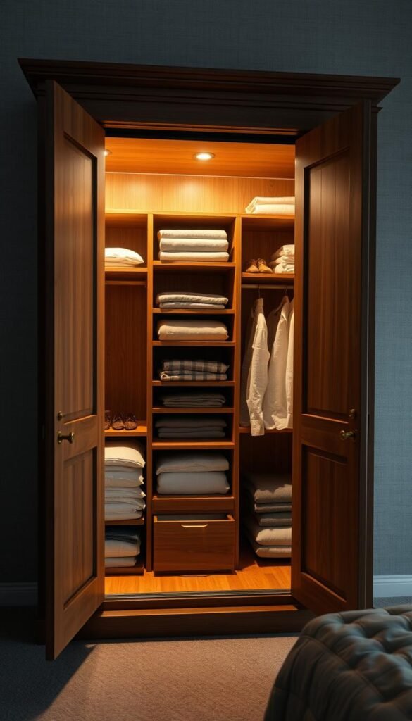 A well-organized, wooden master bedroom wardrobe with thoughtfully designed storage features. The wardrobe is backlit, creating a warm, inviting glow. The doors open to reveal a neatly arranged interior with adjustable shelves, pull-out drawers, and specialized compartments for garments, linens, and accessories. The lighting casts a gentle shadow, highlighting the craftsmanship and functionality of the design. The wardrobe is positioned against a neutral, textured wall, allowing the wood grain and organizational elements to take center stage. A high-angle, close-up shot captures the wardrobe's details and showcases its potential to maximize storage and keep the bedroom tidy and clutter-free. A well-organized, wooden master bedroom wardrobe with thoughtfully designed storage features. The wardrobe is backlit, creating a warm, inviting glow. The doors open to reveal a neatly arranged interior with adjustable shelves, pull-out drawers, and specialized compartments for garments, linens, and accessories. The lighting casts a gentle shadow, highlighting the craftsmanship and functionality of the design. The wardrobe is positioned against a neutral, textured wall, allowing the wood grain and organizational elements to take center stage. A high-angle, close-up shot captures the wardrobe's details and showcases its potential to maximize storage and keep the bedroom tidy and clutter-free.