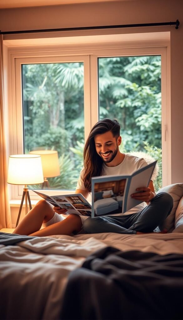 A young, affectionate couple sitting together on the edge of a cozy, well-lit bed, studying interior design magazines and sketching ideas for their dream bedroom. The warm glow of a floor lamp casts a soft, ambient light, and a large window overlooking a lush, verdant garden creates a serene, nature-inspired atmosphere. The couple's expressions are thoughtful yet joyful, capturing the excitement and collaboration of planning their intimate, personalized living space. The scene is framed in a tight, focused composition that emphasizes the couple's connection and creative process.