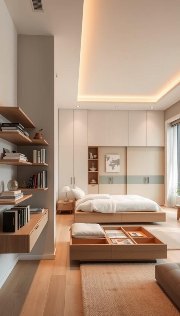 An airy, minimalist bedroom with neatly integrated storage solutions. In the foreground, a floating wall-mounted shelving unit houses books, trinkets, and decorative items. In the middle ground, a multi-purpose platform bed frame offers concealed storage compartments. The background showcases a large, custom-built wall unit with sliding doors, blending seamlessly with the decor and maximizing usable space. Warm, diffused lighting from recessed ceiling fixtures and a large window casts a soft, inviting glow across the scene. The overall atmosphere is calm, organized, and thoughtfully designed to create a clutter-free, restful ambiance.