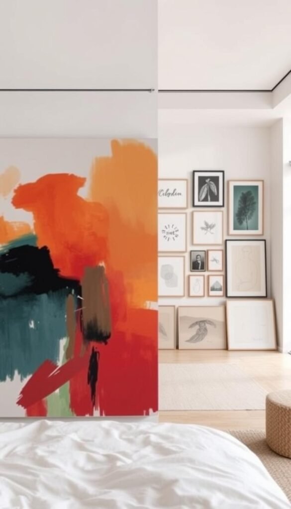 An assortment of carefully curated art pieces adorning the walls of a spacious, well-lit bedroom. In the foreground, a large abstract canvas featuring bold brushstrokes and a harmonious color palette, its vibrant hues complementing the soft, neutral tones of the bedroom's decor. In the middle ground, a gallery wall showcasing a varied collection of framed prints, drawings, and paintings, each piece carefully selected to enhance the overall aesthetic. The background reveals floor-to-ceiling windows, allowing natural light to flood the space and create a warm, inviting atmosphere. The overall composition exudes a sense of thoughtful curation, where the artwork seamlessly integrates with the bedroom's sophisticated, Scandinavian-inspired design.