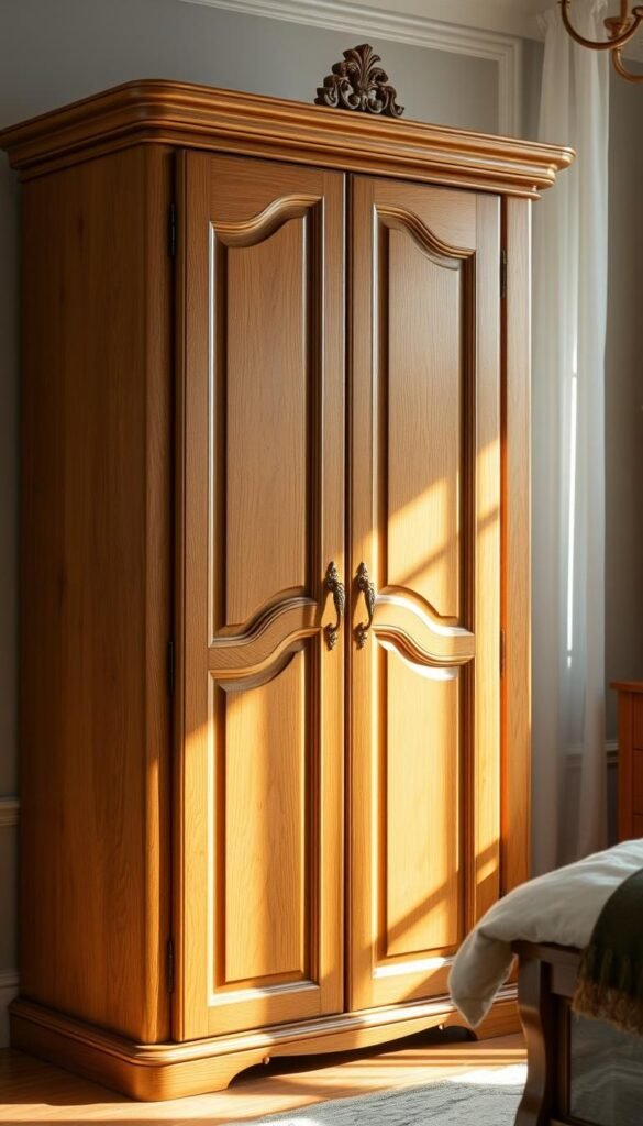 An elegant oak wood wardrobe with a refined, classic design. The front features delicate carved panels, accentuated by the warm amber glow of the wood's natural grains. The wardrobe stands tall, commanding attention in the foreground, while the background suggests a serene, sun-dappled bedroom setting, with soft lighting filtering through sheer curtains. The overall composition evokes a sense of timeless sophistication and tranquility, showcasing the enduring appeal of oak wood cabinetry in a master bedroom environment. An elegant oak wood wardrobe with a refined, classic design. The front features delicate carved panels, accentuated by the warm amber glow of the wood's natural grains. The wardrobe stands tall, commanding attention in the foreground, while the background suggests a serene, sun-dappled bedroom setting, with soft lighting filtering through sheer curtains. The overall composition evokes a sense of timeless sophistication and tranquility, showcasing the enduring appeal of oak wood cabinetry in a master bedroom environment.