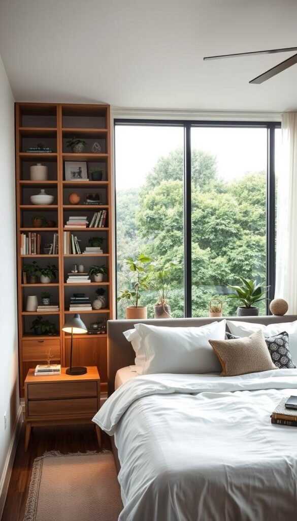 Bedroom design vision board inspiration: a cozy, well-lit space with a mid-century modern aesthetic. In the foreground, a large, plush bed with crisp white linens and a mix of textured throw pillows. On the nightstands, sleek lamps cast a warm glow. In the middle ground, a floor-to-ceiling bookshelf filled with eclectic trinkets and plants. Against the far wall, a large window overlooking a lush, green landscape, the soft natural light filtering in. The overall mood is serene, inviting, and conducive to relaxation and inspiration.