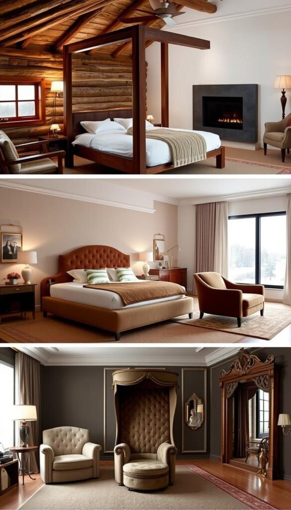 Bedroom style variations: a cozy rustic cabin with a large wooden four-poster bed, warm lighting from sconces and a crackling fireplace in the background; a minimalist Scandinavian suite with a low platform bed, sleek nightstands, and a large window overlooking a snowy landscape; an opulent Victorian-inspired boudoir with an ornate canopy bed, plush velvet armchairs, and a grand mirror reflecting the room's grandeur. Soft, diffused lighting complements each distinct aesthetic, inviting the viewer to imagine themselves in these serene, stylized sleeping quarters.