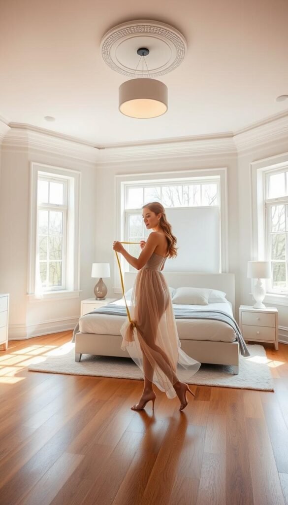 Bright, airy bedroom with natural light streaming through large windows. A young woman carefully measures the room dimensions with a tape measure, preparing to select the perfect bridal bedroom furniture set. Warm hardwood flooring, crisp white walls, and minimalist decor create a serene, inviting atmosphere. Overhead, a modern ceiling light fixture casts a gentle glow. The woman wears a soft, flowing dress as she moves gracefully around the space, visualizing the ideal furniture arrangement. High-resolution, photorealistic, cinematic composition. Bright, airy bedroom with natural light streaming through large windows. A young woman carefully measures the room dimensions with a tape measure, preparing to select the perfect bridal bedroom furniture set. Warm hardwood flooring, crisp white walls, and minimalist decor create a serene, inviting atmosphere. Overhead, a modern ceiling light fixture casts a gentle glow. The woman wears a soft, flowing dress as she moves gracefully around the space, visualizing the ideal furniture arrangement. High-resolution, photorealistic, cinematic composition.