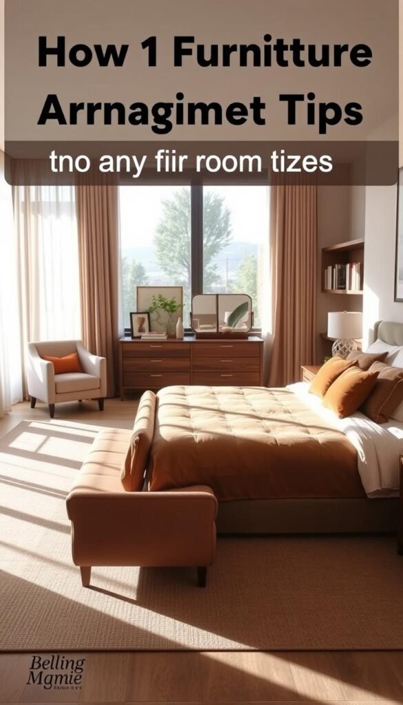 Cozy bedroom layout showcasing furniture arrangement tips for any room size. A spacious, well-lit master suite with soft natural lighting filtering through sheer curtains. A plush king-sized bed takes center stage, flanked by nightstands and a stylish armchair in the foreground. In the middle ground, a wooden dresser and vanity provide ample storage and surface space. The background features a minimalist bookshelf and a large window overlooking a serene outdoor scene. Warm, inviting color palette with muted earth tones and textures creates a calming, harmonious atmosphere.