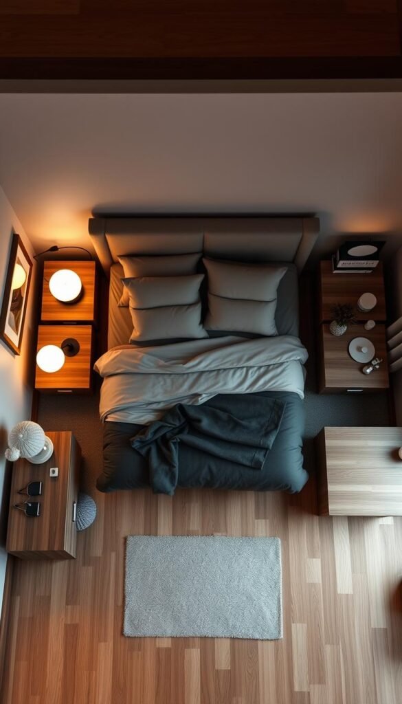 Cozy bedroom with warm, ambient lighting. Minimal, modern furniture layout showcasing a plush king-sized bed, wooden nightstands, and a stylish dresser. Soft textures and muted colors create a tranquil, relaxing atmosphere. Careful placement of each element maximizes space utilization and flow. Overhead view captures the balanced, symmetrical arrangement for optimal comfort and functionality. Hardwood floors, neutral walls, and subtle decor accents complement the serene, welcoming setting. Cozy bedroom with warm, ambient lighting. Minimal, modern furniture layout showcasing a plush king-sized bed, wooden nightstands, and a stylish dresser. Soft textures and muted colors create a tranquil, relaxing atmosphere. Careful placement of each element maximizes space utilization and flow. Overhead view captures the balanced, symmetrical arrangement for optimal comfort and functionality. Hardwood floors, neutral walls, and subtle decor accents complement the serene, welcoming setting.