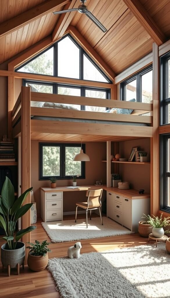 Cozy loft bed with a spacious desk area underneath, flooded with natural light from large windows. Wooden beams and shelves create a rustic, inviting atmosphere. Minimalist desk with ample workspace, accompanied by a comfortable chair. Soft lighting from a pendant fixture illuminates the study nook. Warm-toned walls and textiles add coziness, while a plush area rug and potted plants bring a touch of nature indoors. The layout maximizes floor space, leaving room for imaginative play. A harmonious blend of function and style, designed to grow with a child's evolving needs.