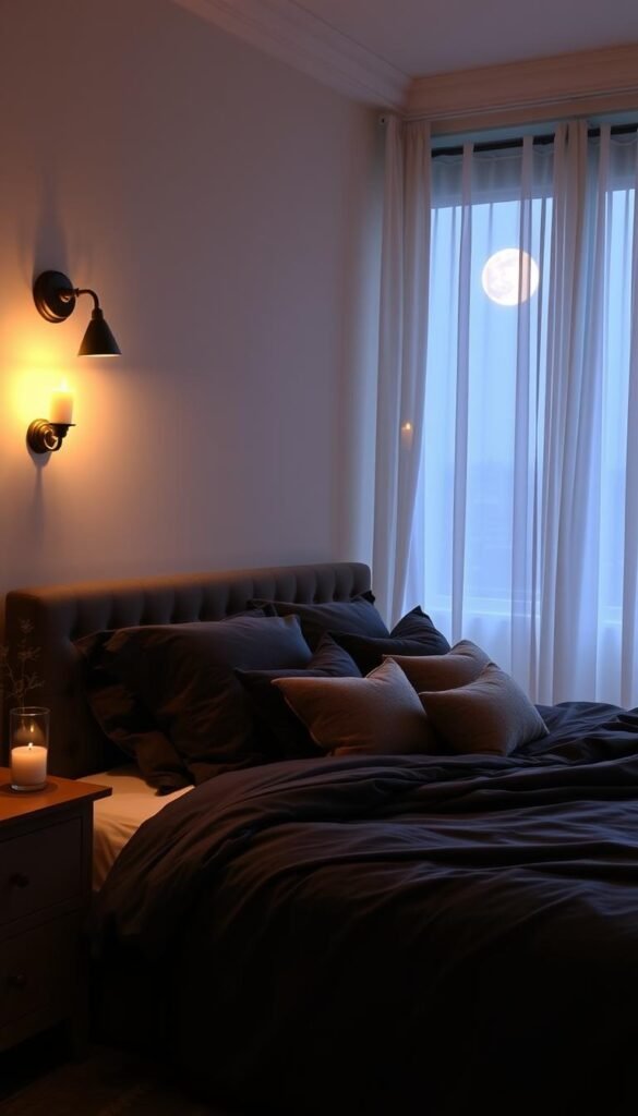 Cozy master bedroom with soft, warm mood lighting casting a peaceful ambiance. Diffused ambient light emanates from a pair of wall sconces with adjustable brass fixtures, casting a gentle glow across the plush, charcoal-colored bedding and complementary accent pillows. A pair of matching nightstands flank the bed, each adorned with a single candle flickering softly. The far wall features a large window, with sheer curtains billowing lightly, allowing natural moonlight to filter in and blend seamlessly with the artificial lighting. An overall sense of tranquility and relaxation permeates the scene. Cozy master bedroom with soft, warm mood lighting casting a peaceful ambiance. Diffused ambient light emanates from a pair of wall sconces with adjustable brass fixtures, casting a gentle glow across the plush, charcoal-colored bedding and complementary accent pillows. A pair of matching nightstands flank the bed, each adorned with a single candle flickering softly. The far wall features a large window, with sheer curtains billowing lightly, allowing natural moonlight to filter in and blend seamlessly with the artificial lighting. An overall sense of tranquility and relaxation permeates the scene.