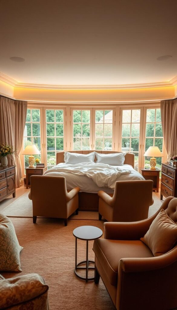 Cozy newlywed couple's bedroom sanctuary, with a plush king-size bed adorned with crisp white linens and a fluffy duvet. Soft golden lighting casts a warm glow, complemented by a pair of elegant nightstands and a stylish dresser in a rich wood tone. Large windows frame a serene garden view, creating a tranquil atmosphere. Textures of velvet, linen, and natural wood elements blend harmoniously, exuding a sense of intimacy and comfort. A pair of plush armchairs invites the couple to curl up and bask in the peaceful ambiance, fostering a sanctuary of love and connection.