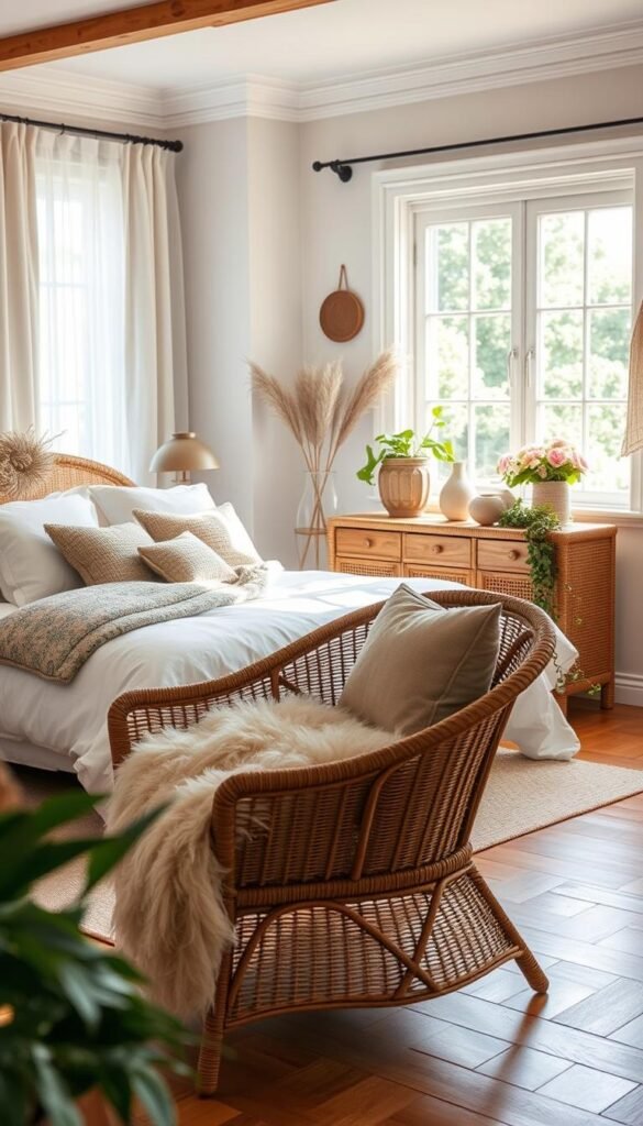 Cozy seasonal cane furniture in a sun-filled bedroom, the morning light filtering through sheer curtains. A plush bed with crisp white linens and an assortment of textural throws and pillows. In the foreground, a woven cane armchair with a fluffy cushion, angled towards a picture window overlooking a lush garden. Mid-ground features a cane dresser with decorative ceramics and fresh flowers. The background showcases warm wood floors, pale walls, and a few trailing plants, creating a serene, nature-inspired ambiance. Soft, diffused lighting illuminates the space, highlighting the organic textures and natural tones of the cane furniture pieces. Cozy seasonal cane furniture in a sun-filled bedroom, the morning light filtering through sheer curtains. A plush bed with crisp white linens and an assortment of textural throws and pillows. In the foreground, a woven cane armchair with a fluffy cushion, angled towards a picture window overlooking a lush garden. Mid-ground features a cane dresser with decorative ceramics and fresh flowers. The background showcases warm wood floors, pale walls, and a few trailing plants, creating a serene, nature-inspired ambiance. Soft, diffused lighting illuminates the space, highlighting the organic textures and natural tones of the cane furniture pieces.