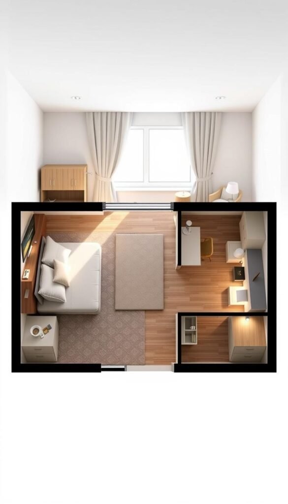 Detailed floor plan of a smart bedroom layout, showcasing an efficient use of space. The foreground features a modular furniture arrangement, including a convertible sofa bed, built-in storage units, and a transforming desk. The middle ground highlights a well-placed window, allowing natural light to flood the room. In the background, a minimalist color palette of whites, grays, and wood tones creates a calming, inviting atmosphere. Soft, diffused lighting from recessed ceiling fixtures and table lamps enhances the cozy ambiance. The overall composition emphasizes functionality, organization, and a seamless flow, capturing the essence of "smart bedroom layout planning".