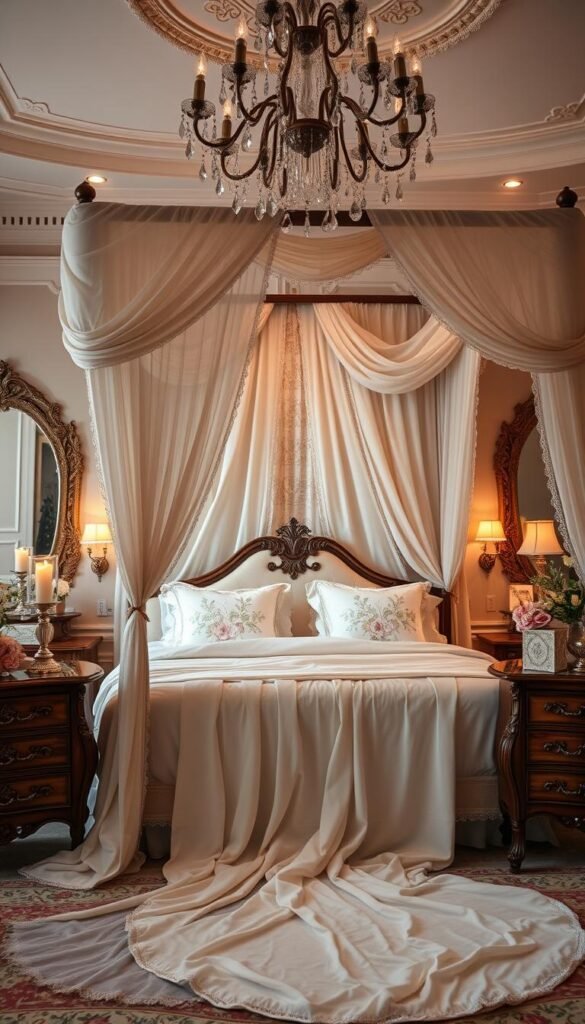Elegant and luxurious bridal bedroom set, featuring a grand four-poster bed with flowing, sheer curtains, adorned with intricate floral embroidery. Plush, ivory-toned bedding and pillows create a cozy, romantic ambiance. Exquisite wooden dressers and nightstands with detailed carvings stand on either side, topped with fragrant candles and fresh flowers. Soft, warm lighting from vintage-inspired sconces casts a gentle glow, setting the stage for a blissful new chapter. Delicate lace accents and a shimmering crystal chandelier overhead complete the picture of timeless, intimate elegance. Elegant and luxurious bridal bedroom set, featuring a grand four-poster bed with flowing, sheer curtains, adorned with intricate floral embroidery. Plush, ivory-toned bedding and pillows create a cozy, romantic ambiance. Exquisite wooden dressers and nightstands with detailed carvings stand on either side, topped with fragrant candles and fresh flowers. Soft, warm lighting from vintage-inspired sconces casts a gentle glow, setting the stage for a blissful new chapter. Delicate lace accents and a shimmering crystal chandelier overhead complete the picture of timeless, intimate elegance.