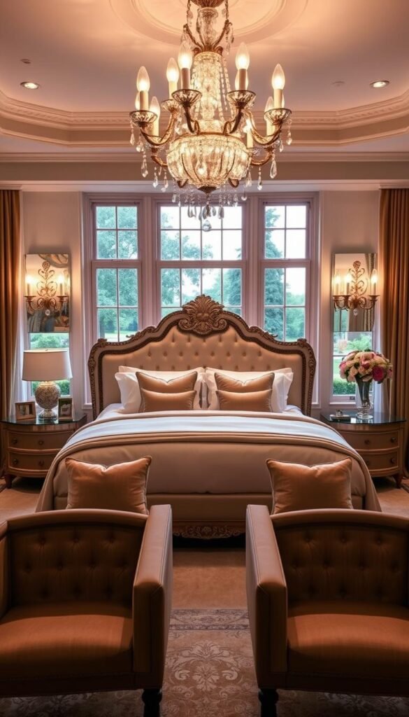 Elegant bedroom design concepts for a stunning wedding suite. A luxurious king-size bed with plush bedding and an ornate headboard takes center stage. Soft lighting from crystal chandeliers and wall sconces create a warm, romantic ambiance. In the foreground, a pair of matching nightstands with elegant lamps. In the background, large windows overlooking a picturesque garden view. Tasteful artwork and tasteful floral arrangements add refined touches. The space exudes sophistication, comfort and a sense of timeless elegance perfect for a newlywed's private sanctuary.