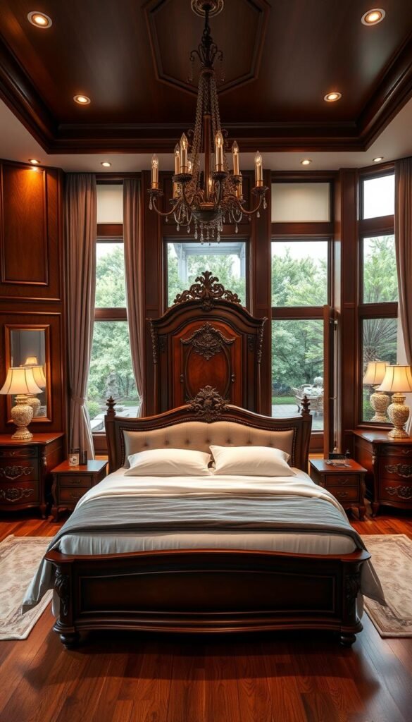 Elegant mahogany wood bedroom set with a luxurious, high-end aesthetic. In the foreground, a large king-sized bed with a plush, tufted headboard and crisp white linen bedding. Flanking the bed are two matching, ornately carved nightstands with brushed brass hardware. In the middle ground, a tall, ornate dresser with intricate wood detailing and a large, decorative mirror above. Indirect, warm lighting from recessed fixtures and a chandelier casts a cozy, inviting glow throughout the space. The background features high-end hardwood floors, tall windows with billowing curtains, and a view of a lush, private garden outside. The overall scene conveys a sense of timeless sophistication and refined, opulent style.