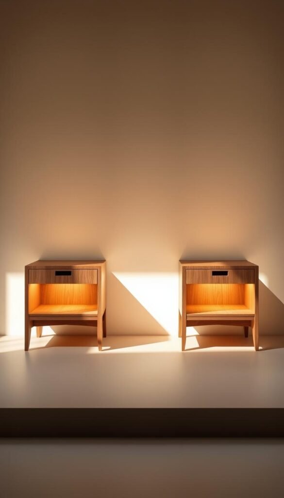 Minimalist nightstands with clean lines and a serene, natural aesthetic. A pair of simple wooden end tables with a sleek, minimalist design, bathed in soft, warm lighting. Smooth, uncluttered surfaces emphasize the beauty of the natural grain. Subtle shadows and highlights accentuate the minimalist form, creating a sense of balance and harmony. The nightstands are placed against a neutral, muted background, allowing the elegant simplicity to take center stage. Capturing the essence of refined, functional design that complements a minimalist bedroom decor.